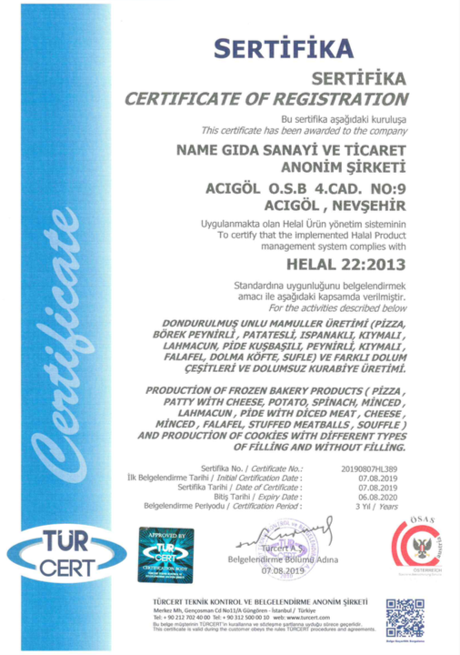 Helal Sertifikası – Name Gıda